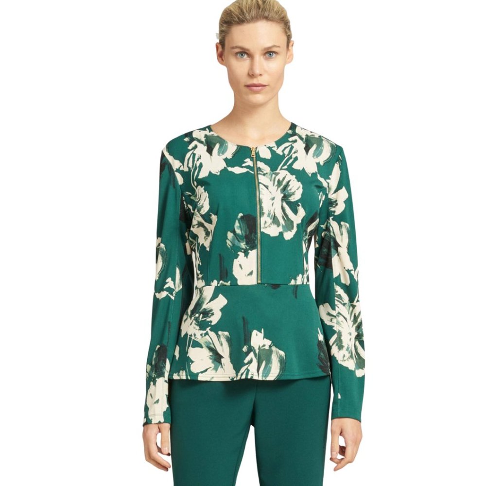 DONNA KARAN | Green Floral Long Sleeve Half Zip Blouse | Size XL